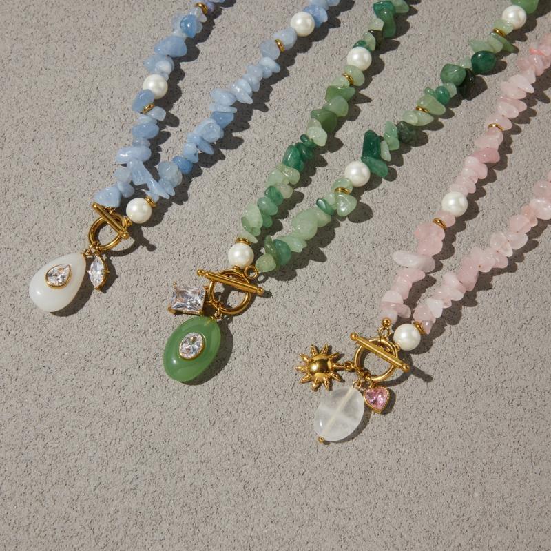Trendy Natural Stone Colored Pendant Necklace For Women Gold Plated Stainless Steel Charms Necklace Jewelry