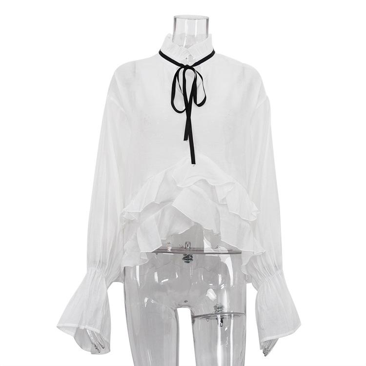 women s Ruffle Tie Neck Sheer Flare Long Sleeve Cropped Blouse Casual Cover Up Top S белый