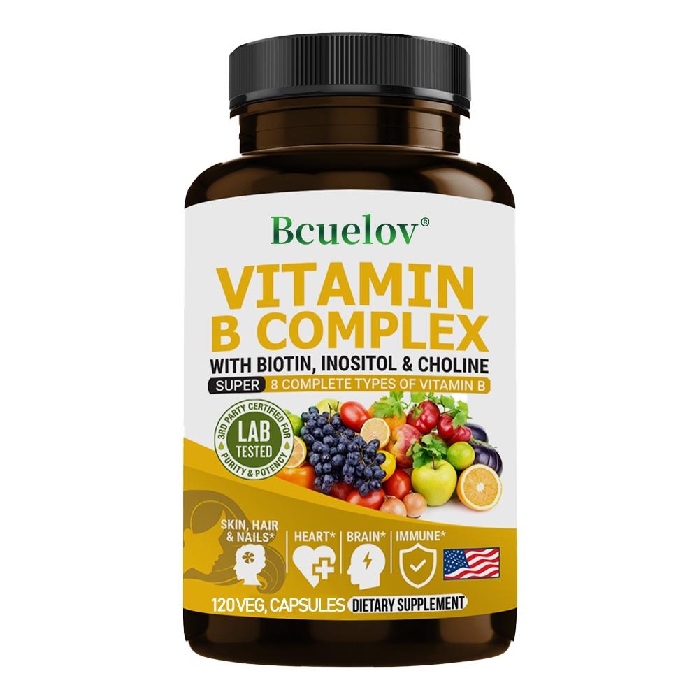 Bcuelov Vitamin B Complex Supplement with Biotin, Inositol & Choline, 8 Complete B Vitamins, High Potency, 120 Caps
