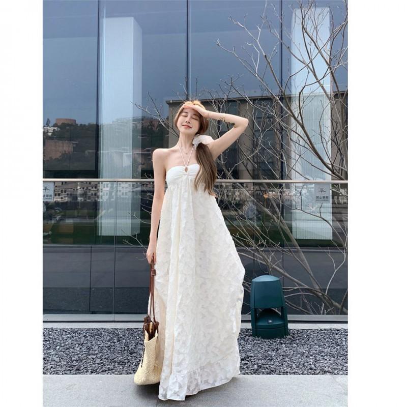 Womens Beach Dress White Maxi Flowy Skirtless Gown With Backless Halter Neckline Vacation Resort Style Loose Fit Elegant Chic Plus Size S-XXL