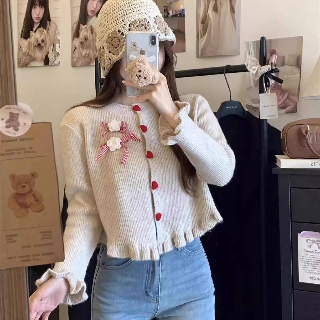 Fransk jentesløyfe Strikk Strikk Strikk Genser for Damer Vår 2025 Ny Design Ørekortigan Genser Yttertøy, Topp