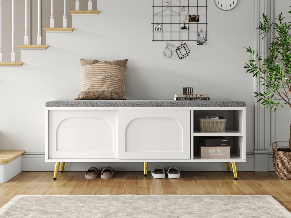 Shoe Bench, Shoe Rack with Bench Seat, Bench with Seat Cushion, Shoe Cabinet with Storage, Hallway Bench, White, Dimensions: W121×D35×H49cm