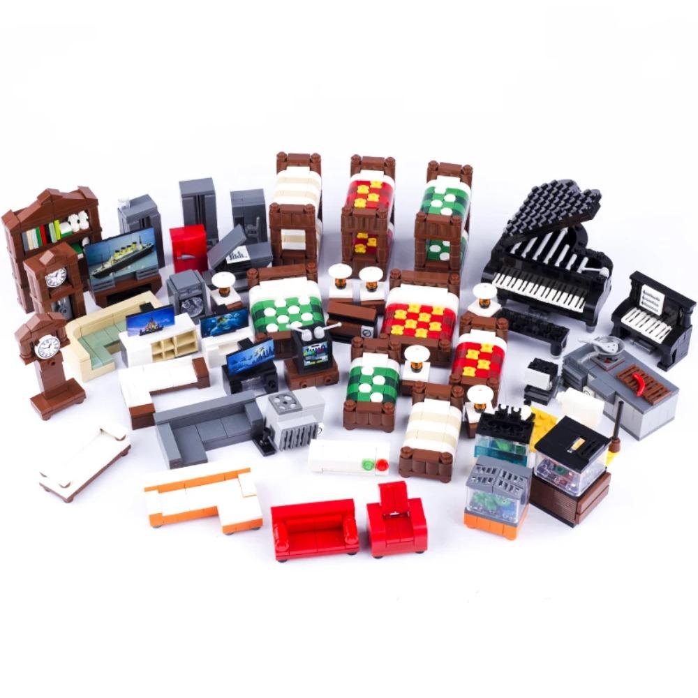 MOC Město Dům Stavebnice Kuchyně Kancelář Ložnice Piano Postel Pohovka Lednice Lampa Knihovna Akvárium Sada Kostek Hračky