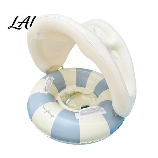 Kids Swim Float Baby Ring with Detachable Canopy Inflatable Striped Pool Seat Handle Sun Protection Swimming for Toddlers синий