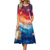 Women Casual Round Neck Three Quarter Sleeve Waist Cinched Independence Day Dress Spring Autumn Midi Length Star Print