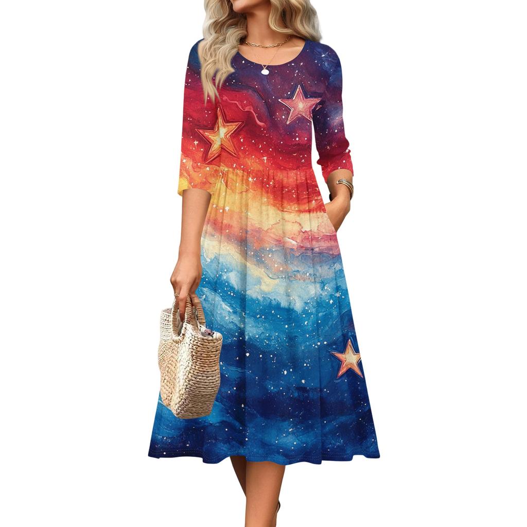 Women Casual Round Neck Three Quarter Sleeve Waist Cinched Independence Day Dress Spring Autumn Midi Length Star Print