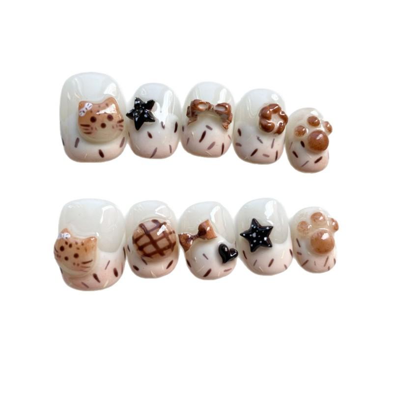 Hand-Painted Press-On Nails Short Square Cat Eye Design Cute Kawaii Style Wearable Nail Tips Women