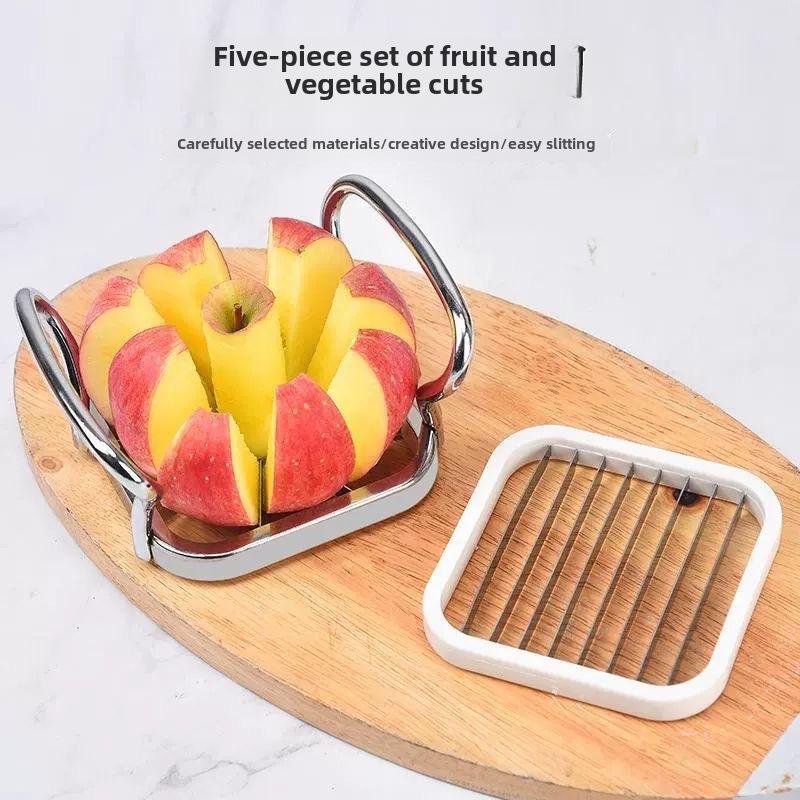 Tăietor 5-în-1 din oțel inoxidabil pentru fructe și legume: Despicător de mere, Feliator de cartofi prăjiți, Tăietor de ridichi