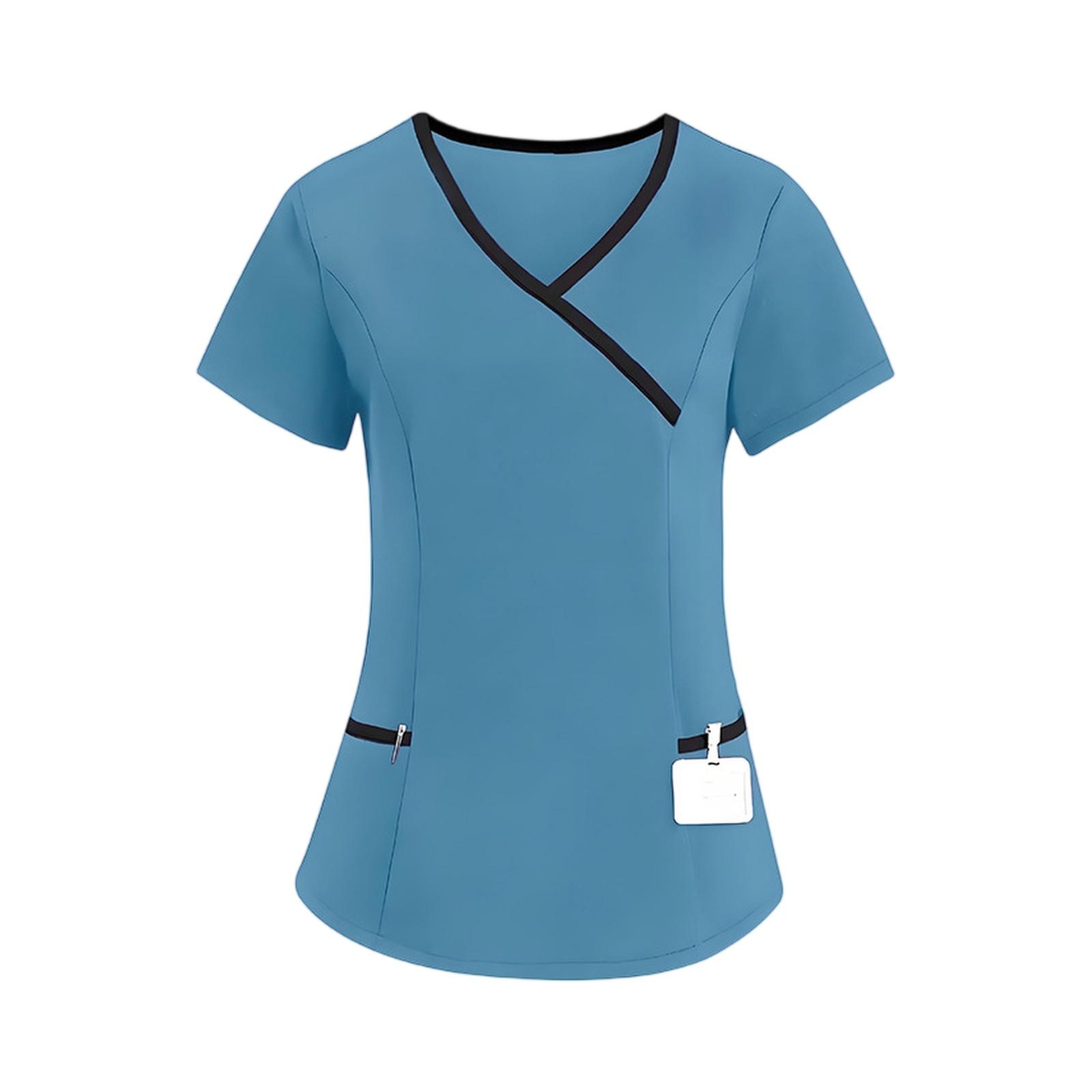 

Women s Elastic Quick-Drying V-Neck Pocket Short-Sleeve Caregiver Work Uniform L синий