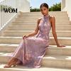 Light Fabric Dress Floral Chiffon for Women, Halter Sleeveless Ruched Maxi Casual Loose Fit Dress, Turtle Neck Wedding Guest Cocktail Evening