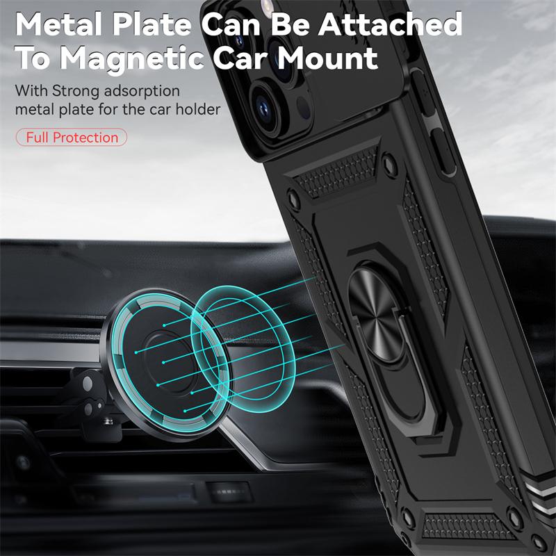 Sliding Push Window Case For iPhone 15 Pro Max Case iPhone 15 Cover Armor Shockproof Metal Ring Holder Camera Protector Cover