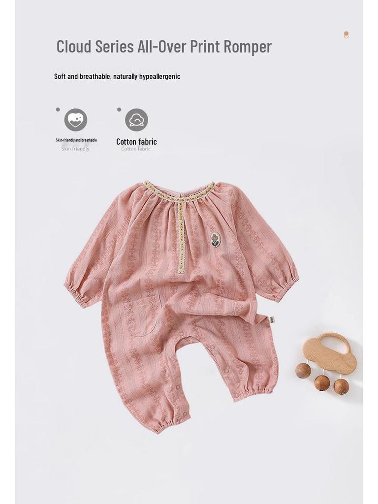 Letni pajacyk dla dziewczynki, z długim rękawem, Klasa A, oddychający - Rozmiary od 0-3 do 24 miesięcy