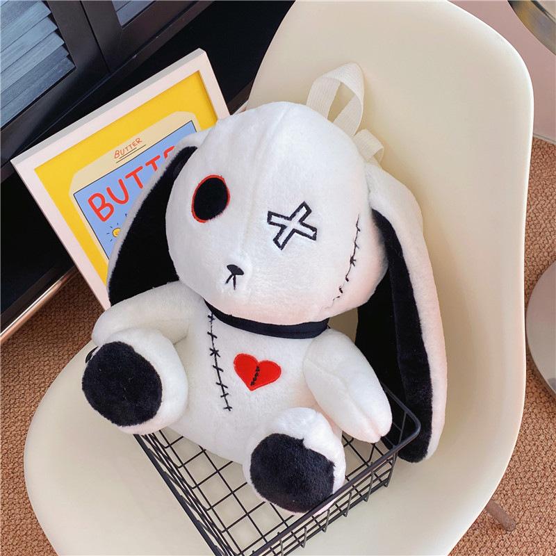 Cute Gothic Rabbit Plush Backpack Small Stuffed Animal Purse Dark Aesthetic Bunny Doll Bag For Halloween