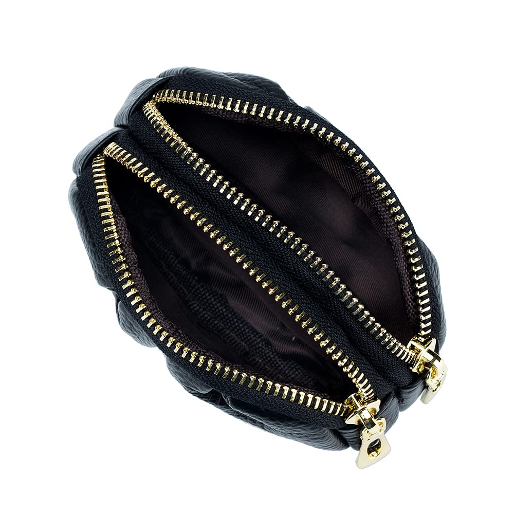 Yocipa Genuine Leather Double Zipper Coin Case, Women's Mini Wallet, Multifunctional Storage Pouch, Small Leather Compact Accessory Pouch,