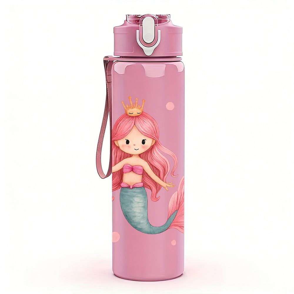 1 Stück Rosa Meerjungfrauenprinzessin Cartoon 750ml Farbe Kunststoff Sportwasserflasche Auslaufsicher Klappdeckel mit Strohhalm Geeignet für Sport Büro Heimgebrauch