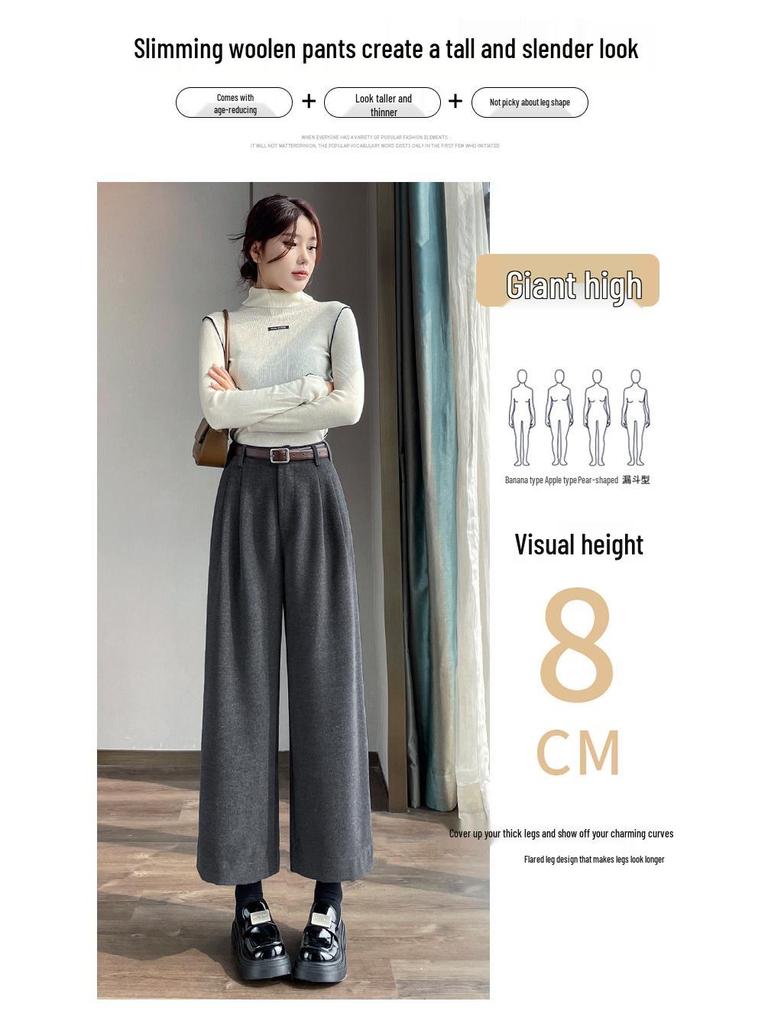 Real Shot 2026 Autumn/Winter Women's Plus Velvet High-Waisted Cropped Woolen Trousers - Straight, Narrow, or Wide Leg Styles