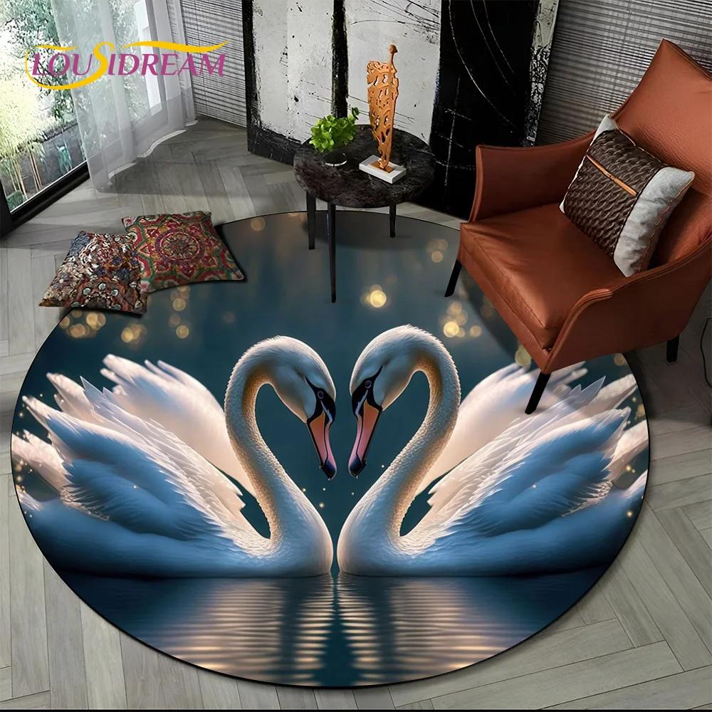 3D Dream Love Swan Cartoon Cygnus Girl Gift Round Carpet Rug for Living Room Bedroom Child Decor,Pet Area Rug Non-slip Floor Mat