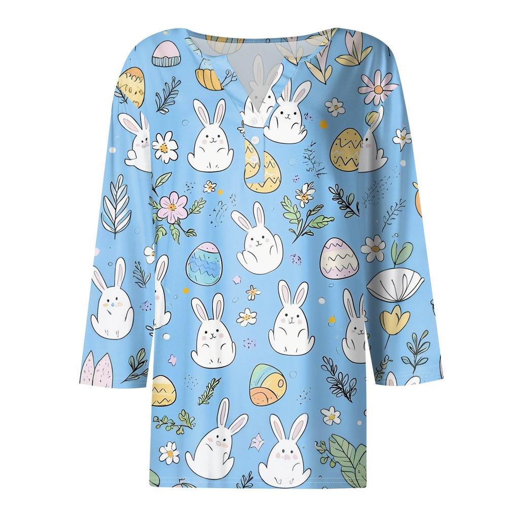 Damen T-Shirt mit Aufdruck, Knopfleiste, 3/4-Ärmel, für den Alltag, Wochenendmode, Basic, V-Ausschnitt, normales Oberteil