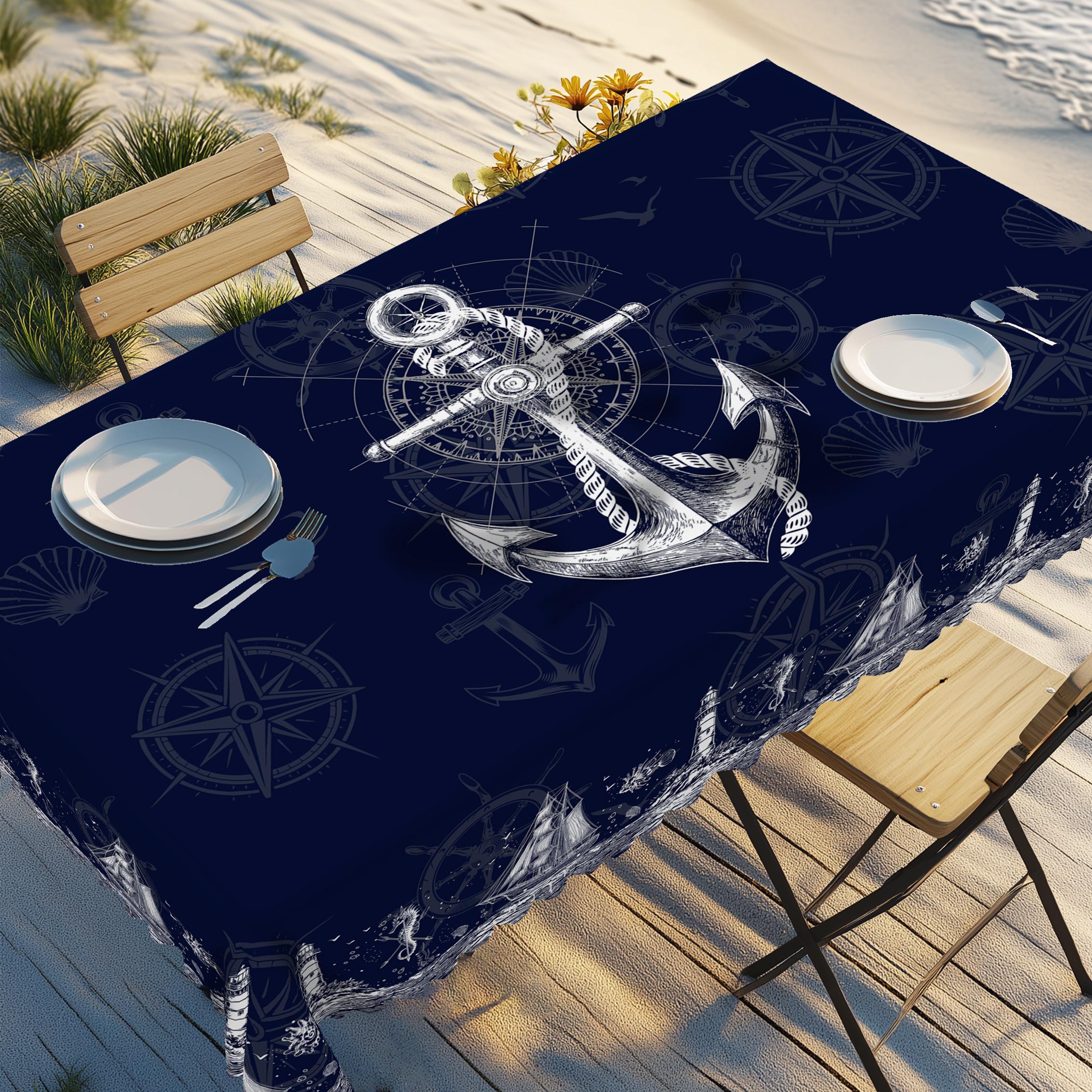 

1pc Nautical Theme Tablecloth, Coastal Navy Blue Anchor, Lighthouse, Compass Designs For Spring Summer Decor 152x220cm темно-синий