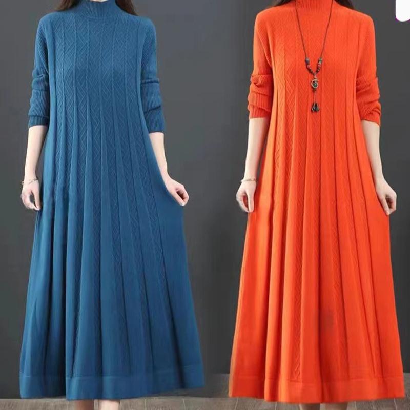 Knitted Dress for Autumn and Winter Half Turtleneck Loose A-line Sweater Dress Solid Color Long-sleeved Sweater