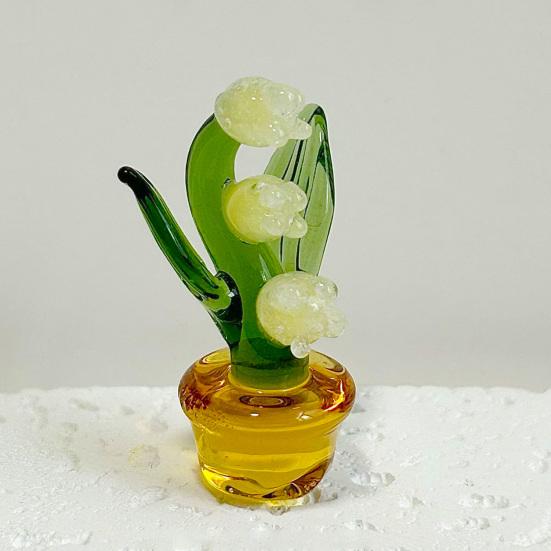 Mini Glass Lily of The Valley Flower with Pot Hand Blown Faux Crystal Flower Figurine for Mother's Day Birthday Table Centerpiece