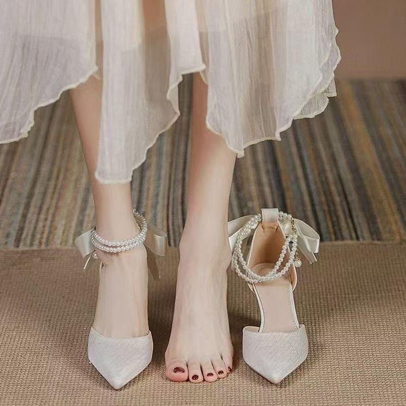 Stiletto Sandals Women 2025 Bow Temperament Fashion Pearl Lace-up Pointed High Heels New Korean Version Fairy Style