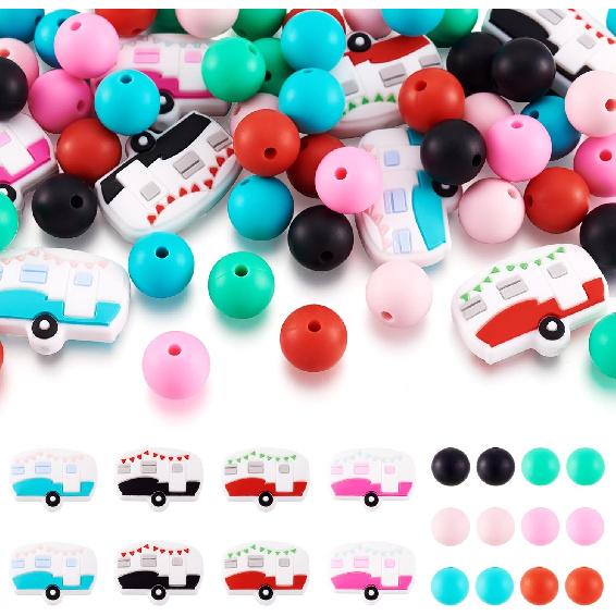 Fashewelry 68Pcs 12mm Silicone Beads Bulk Silicone Focal Bead Spacer Beads Campervan Rubber Round Beads for Jewelry Making Keychain Making Crafts DIY