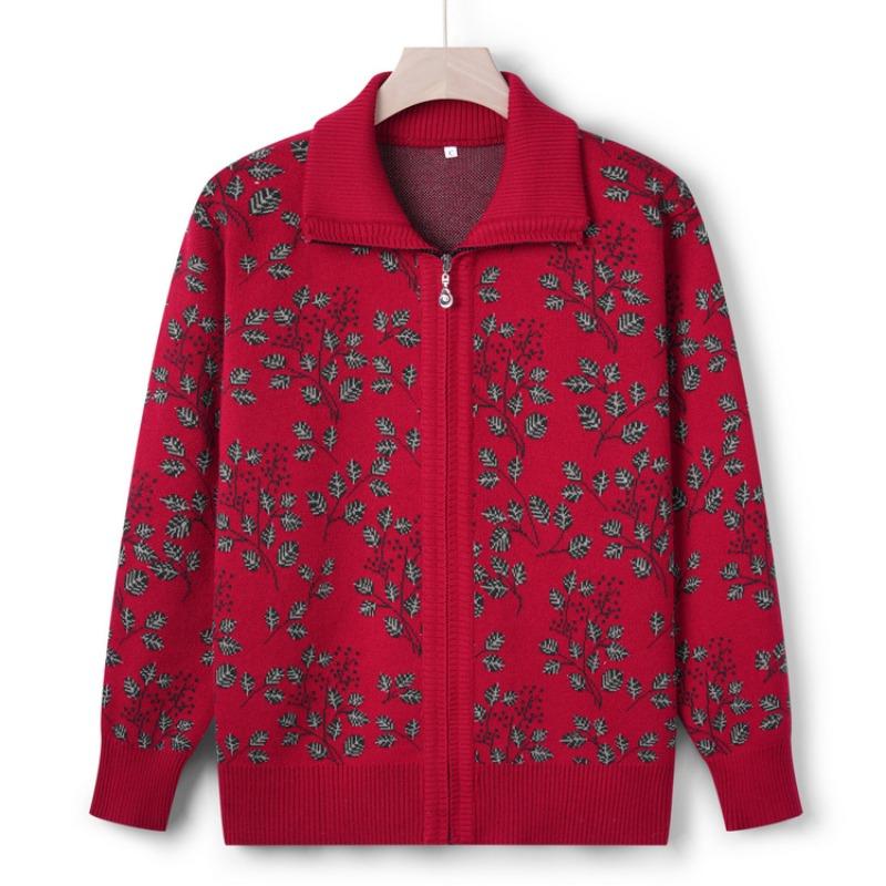 Middle-aged elderly female grandmother spring and autumn sweater cardigan year old 0 mother clothing autumn and winter jacket casual zipper top