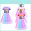 Vestido de Renda Arco-Íris Super Mario Princesa Peach para Meninas em Roxo, Vermelho e Rosa