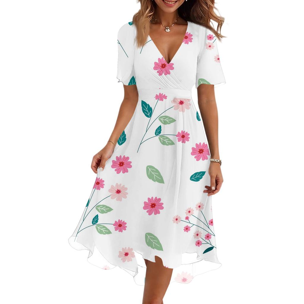 Women's Fashion Casual V-Neck Short Sleeve Floral Print Dress