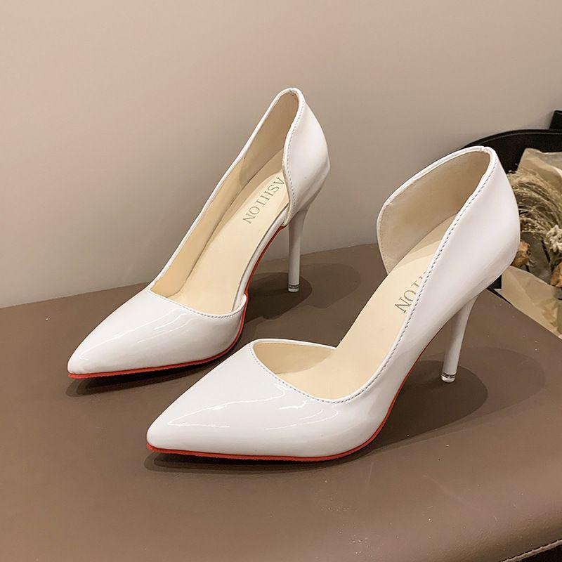 12 thin heels sexy red inner high heels women's 41 red sole side empty large size 42 light mouth patent leather work shoes 43