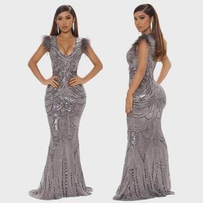 European & American Fashion Sequin Feather Shoulder Hip Skirt Evening Dress