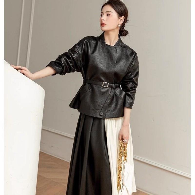 Womens Short Faux Leather Jacket Stand Collar Slim Fit Chic Vintage Style Fall Outerwear
