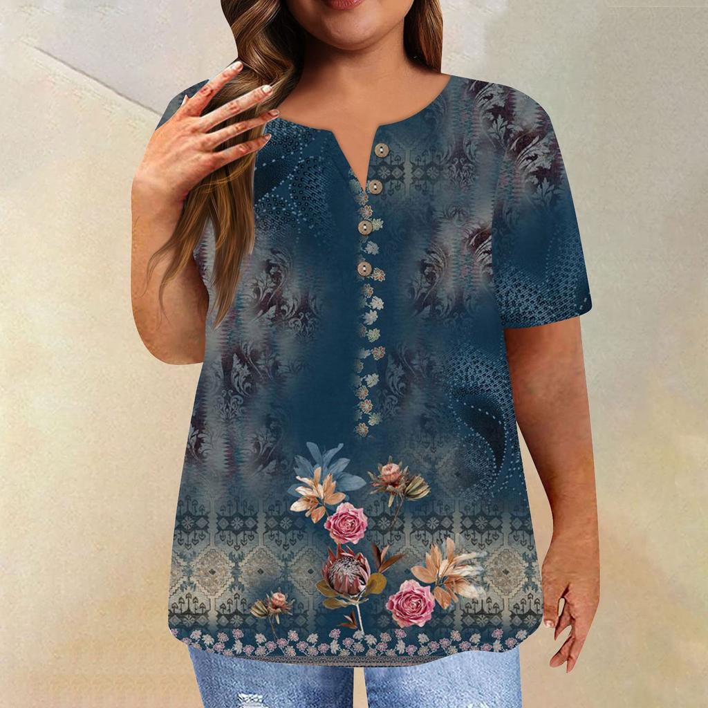 Damen-Kurzarmshirt mit Knöpfen, Übergröße, T-Shirt mit Blumenmuster, lässige Oberteile