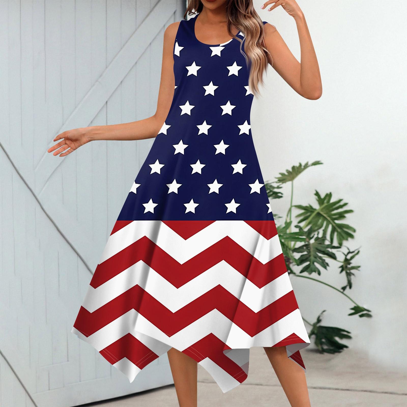 

Женское повседневное модное платье миди без рукавов с круглым вырезом и принтом в честь Дня независимости и нерегулярным подолом S красный