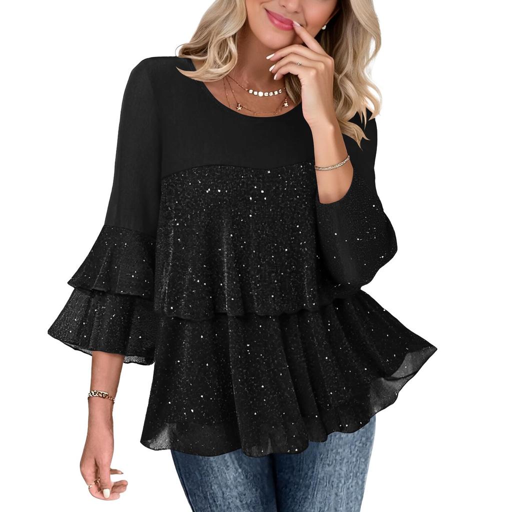 Ladies' Loose Casual Fashionable Knitted Patchwork Sequin Multi-layer Loose Top