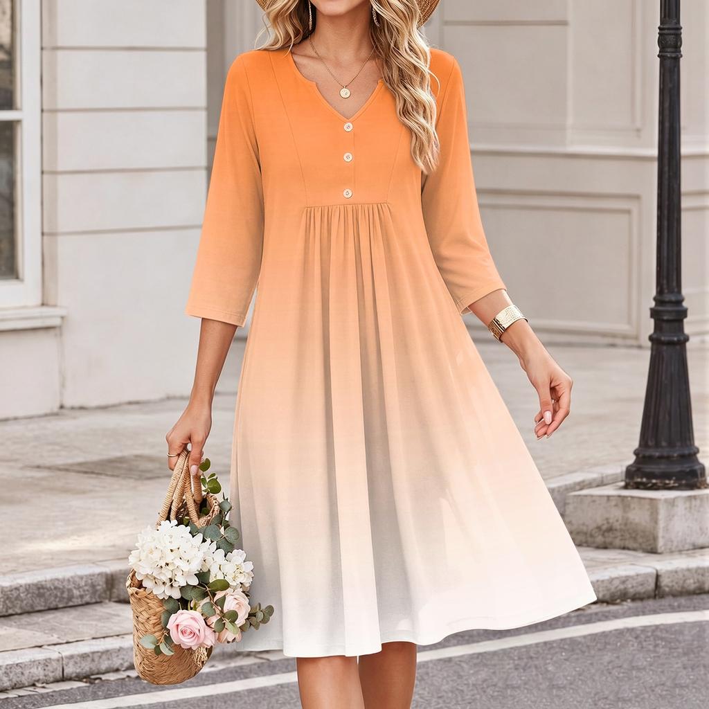 Women's Casual V-Neck Dress with Three-Quarter Sleeves and Gradient Print