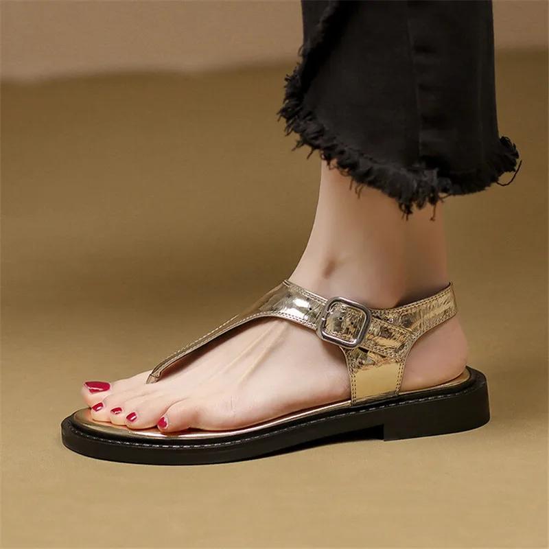 Fashion Summer Sandals Leather Women Shoes Round Toe Low Heel Sandals for Women Handmade Clip Toe Fashion Sandals and Slippers