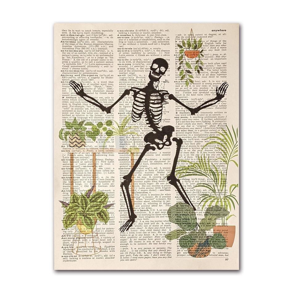 Dancing Skeleton Poster Abstract Vintage Human Skeleton Newspaper Canvas Painting Funny Wall Art for Living Room Home Decor