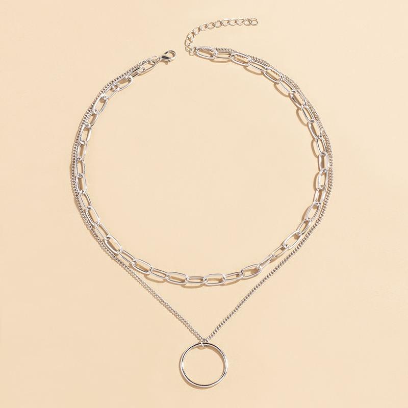 New silver-plated circle thick line multi-layer necklace celebrity fashion street shot personalized double-layer collarbone chain women