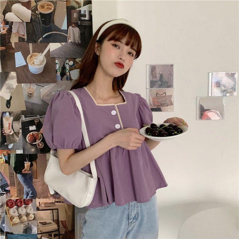 Short-sleeved for Women Loose 2025 Summer New Korean Style Design Sense Doll Shirt Puff Sleeve Square Collar Shirt Short Top