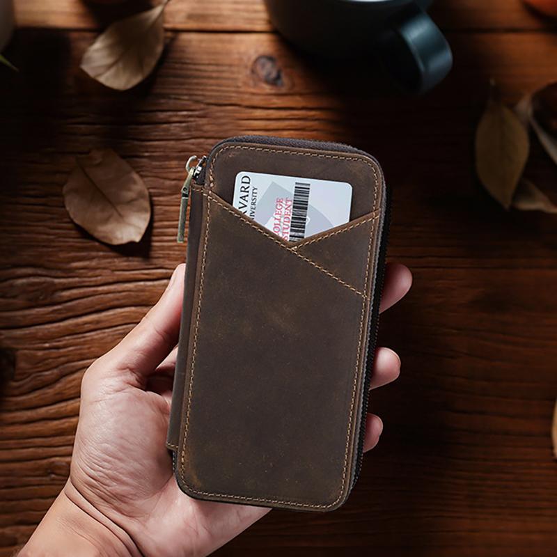 AIGUONIU AA211 Vintage Pull Leather Pen Case 4 Slot Handmade Cowhide Zipper Pouch Multifunctional Student 19x9.5x2.5cm 136g
