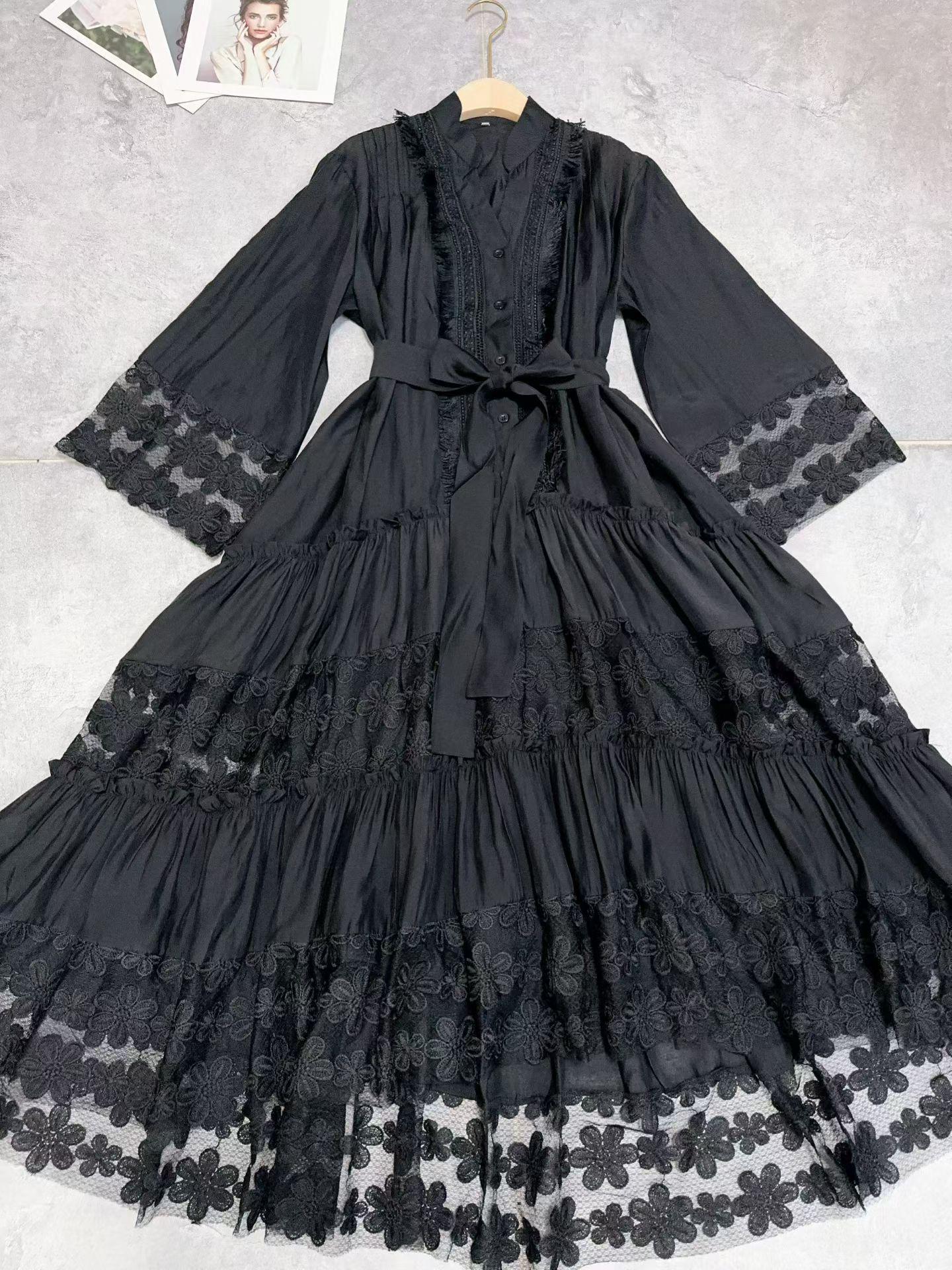

High-End French Fairy Bell Sleeve Lace Splicing Holiday Dress S чорний