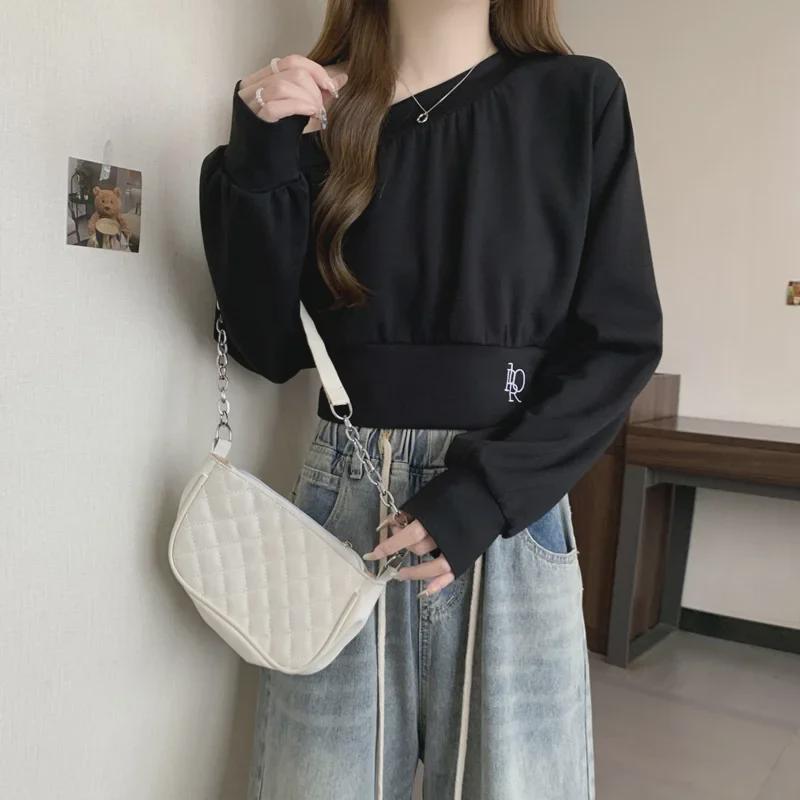 Korean Style Off-Shoulder Slant Neck Long Sleeve Sweatshirt for Women - Spring/Autumn Loose Fit, Short, Thin Top