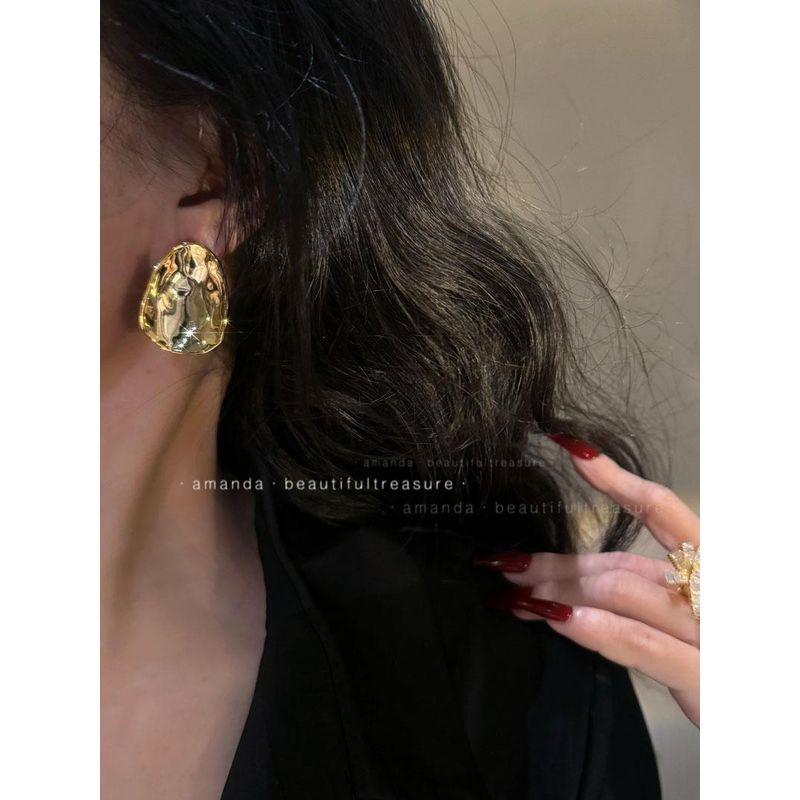 Style~ Gold Texture Minimalist Texture Exaggerated Large Earrings European and American Hong Kong Style Fashionable Temperament Trendy Oval Earrings Default