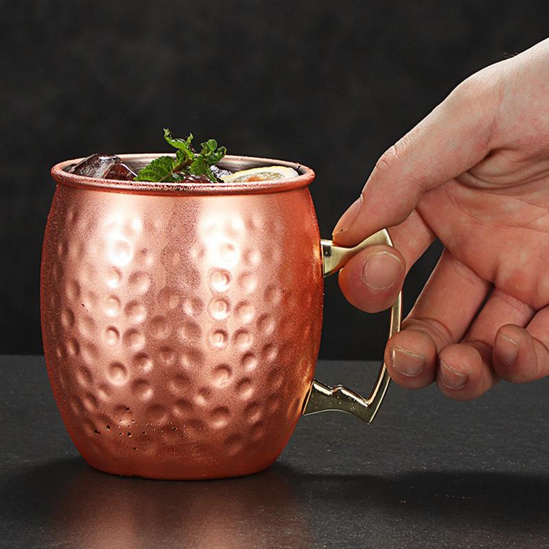 500ml Moscow Mule Mug Stainless Steel Cup Beer Mug Iced Coffee Cup Hammered Copper Plated Cup for Cocktail Drinks Bar Drinkware