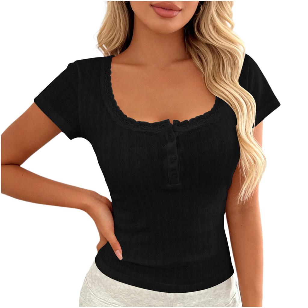 Women Short Sleeve Ribbed Knit Top Lace Trim Square Neck Button Casual Fitted T Shirt Blouse