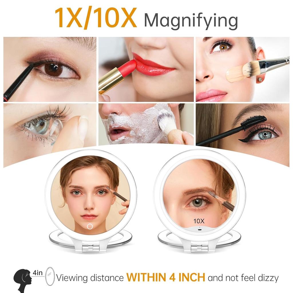 Rechargeable Magnifying Makeup Mirror 10X/1X Double Sided Lighted Travel Makeup Mirror with 3 Color Light Adjustable Rotation, LED Vanity Tabletop