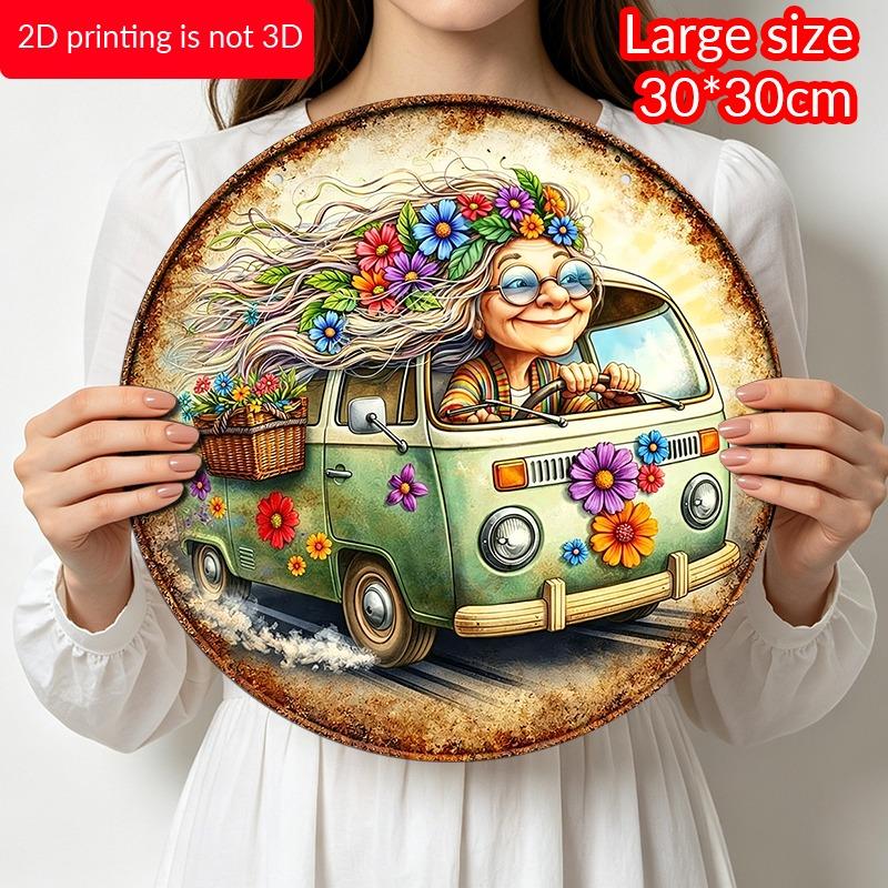 2D Flat Aluminum Colorful Floral Hippie Grandma Decorative Plaque and Ornament. Bohemian-style Flower Cart Wall Decoration, Suitable for Porches