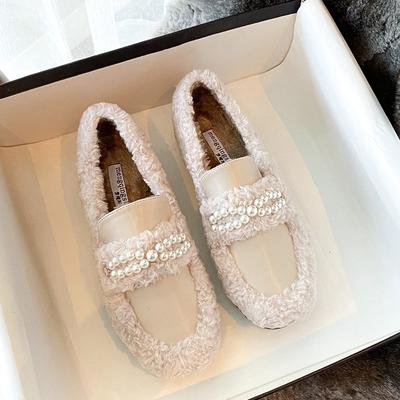 Mocassins d'hiver en patchwork de cuir et fourrure avec perles, chaussures plates tendance pour femmes, bout rond, plateforme, mocassins en peluche, chaussures en coton pour femmes